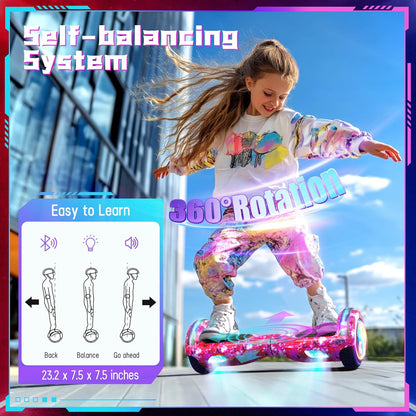 Hoverboard voor kinderen van 6 tot 12 jaar, met geïntegreerde bluetooth-luidspreker en 6,5 inch wielen met kleurrijke lichten, veilige zelfbalancerende scooter, cadeau voor kinderen