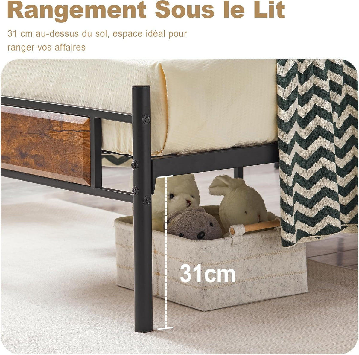 VECELO Bedframe 90 x 200 cm, eenpersoonsbedbodem met houten hoofdeinde, lattenbodem van hoogwaardig staal, opslag onder het bed, eenvoudige montage, bruin