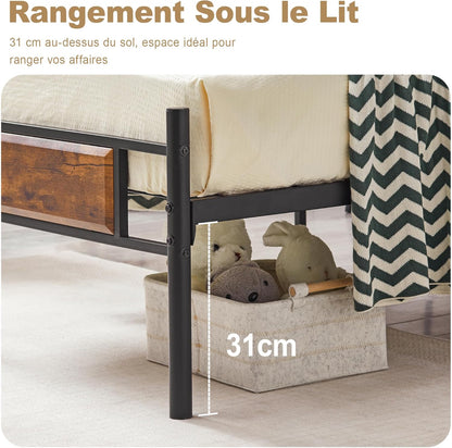 VECELO Bedframe 90 x 200 cm, eenpersoonsbedbodem met houten hoofdeinde, lattenbodem van hoogwaardig staal, opslag onder het bed, eenvoudige montage, bruin