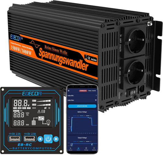 <font dir="auto" style="vertical-align: inherit;"><font dir="auto" style="vertical-align: inherit;">        EDECOA 1500W 12V to 230V Pure Sine Wave Inverter 12V 230V Voltage Converter with Pro LCD Remote Control and EU Plugs       </font></font>