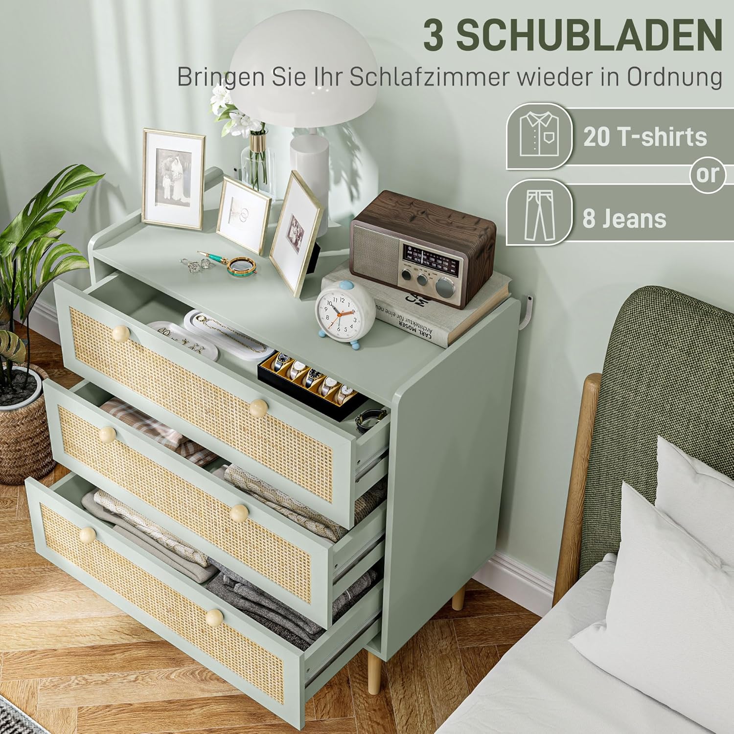 HOMCOM Kommode Beistellschrank mit 3 Schubladen, Sideboard mit Boho-Stil, Rattanoptik, Schubladenkommode für Wohnzimmer, Schlafzimmer, Hellblau 80 x 40 x 87.5 cm - QUORE