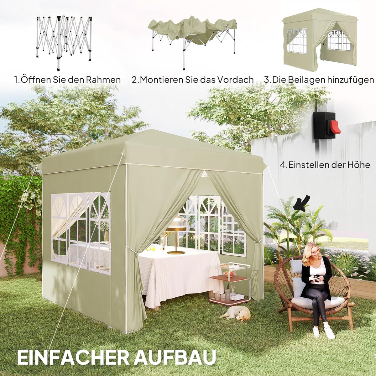 Outsunny Pavillon 2,5x2,5m, wasserabweisend Stabil Winterfest Pop-up Faltpavillon, UV Schutz 50+, Faltbar Partyzelt Gartenzelt mit 4 Seitenteilen Tasche Gartenpavillon für Camping Garten, Cremeweiß - QUORE