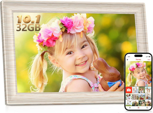 Digitale fotolijst – Digitale lijst – Fotodisplay – Wifi-fotolijst – Berkenhouten fotolijst – 10,1 Inch – 32 GB Opslag