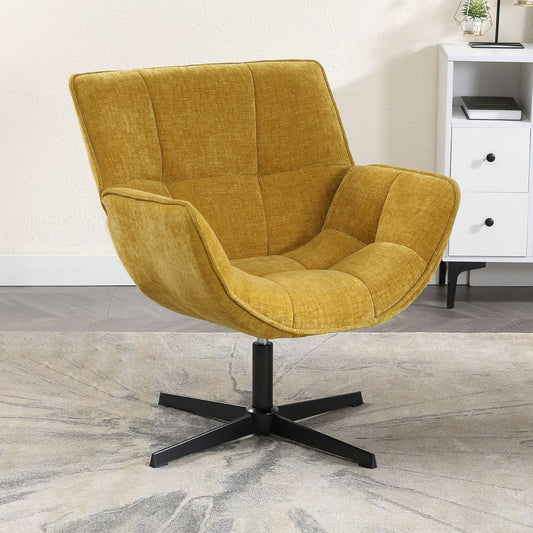 Draaifauteuil – Fauteuil – Lounge Stoel – Accentstoel – Zithoek Stoel – Gele Chenille Bekleding – 360° Draaifunctie – Compact Formaat