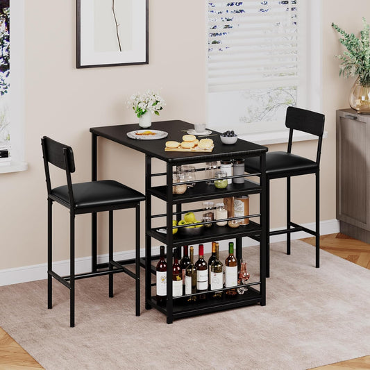 Bartafel set 3-delig, eettafel met 2 stoelen voor keuken, eetkamer, bistro, enz. Bartafel met barkrukset, statafel met metalen frame keukentafel en 2 stoelen met rugleuning en bekleding (zwart)