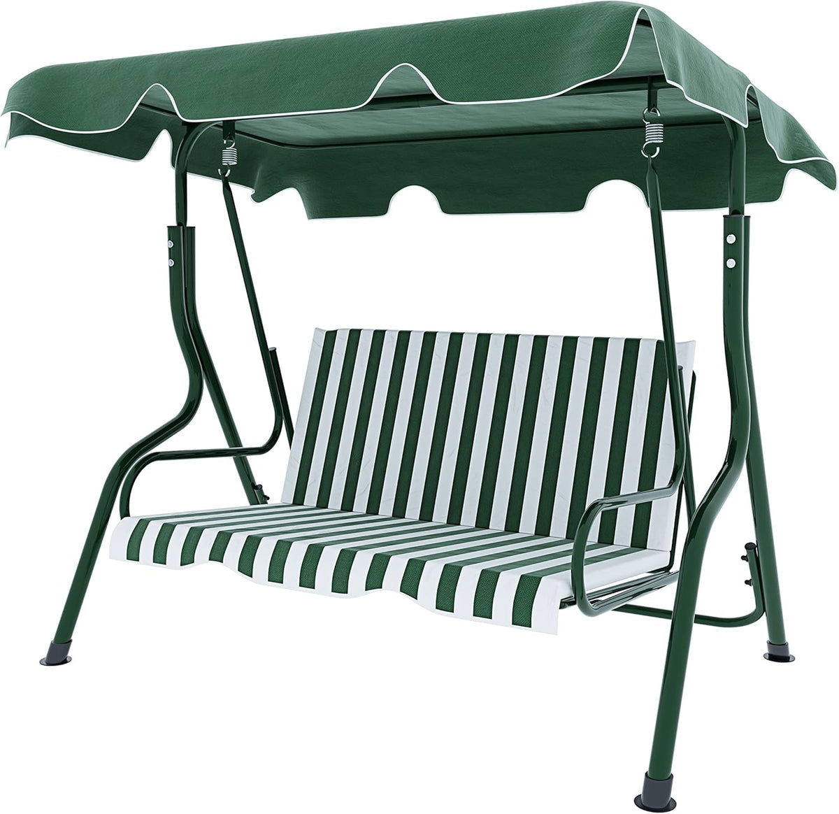Schommelbank 3-zits met verstelbaar zonnedak, gevoerd kussen, robuust frame van gelakt staal, voor buiten, tuin, balkon, terras, zwembad, 170 x 110 x 153 cm (groen gestreept)