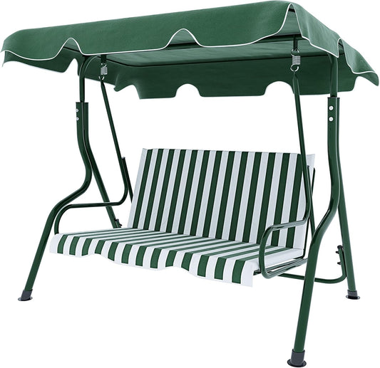 Schommelbank 3-zits met verstelbaar zonnedak, gevoerd kussen, robuust frame van gelakt staal, voor buiten, tuin, balkon, terras, zwembad, 170 x 110 x 153 cm (groen gestreept)