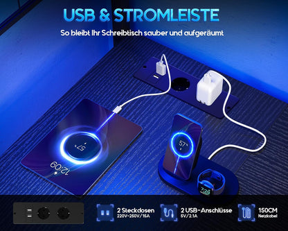 Coleshome Gamingbureau met led, omkeerbare gamingtafel met laden en stopcontacten, hoekbureau met opbergruimte (zwart, 110 x 80 cm)