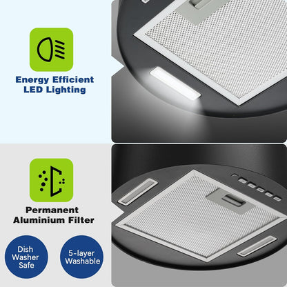 SNDOAS eilandafzuigkap, 700 m³/u, afzuigkap Ø 35cm met 2 koolstoffilters, afstandsbedieninge, 3 snelheden, led-verlichting, 55 dB, zwart