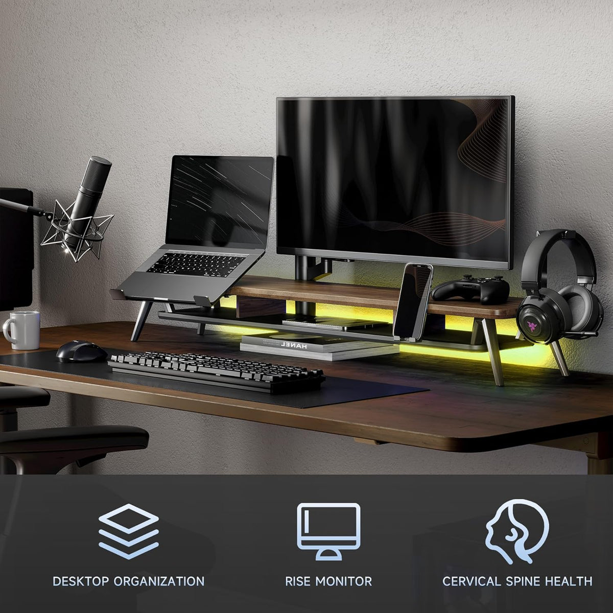 Fenge Monitor Stand, Dual Monitor Riser voor 2 monitoren met verstelbare Laptop Riser, 108cm Desk Organizer met Pad / Hoofdtelefoonhouder Max Belasting 50KG (Bruin)