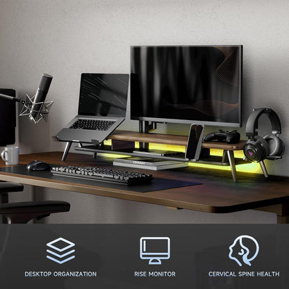 Fenge Monitor Stand, Dual Monitor Riser voor 2 monitoren met verstelbare Laptop Riser, 108cm Desk Organizer met Pad / Hoofdtelefoonhouder Max Belasting 50KG (Bruin)