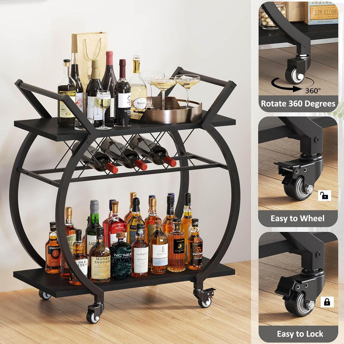 LVB Drankenkar zwart, moderne barwagen, hout en metaal combinatie, 4 draaibare wielen, opbergrek, ideaal voor salon of dining