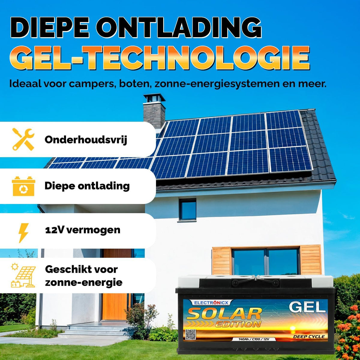 Electronicx GEL Solar Edition 12V 140Ah Deep Cycle accu – onderhoudsvrij en lekvrij – voor camper, zonnepanelen, offgrid en zonne-energie – afm. 393×175×190 mm – compact ontwerp