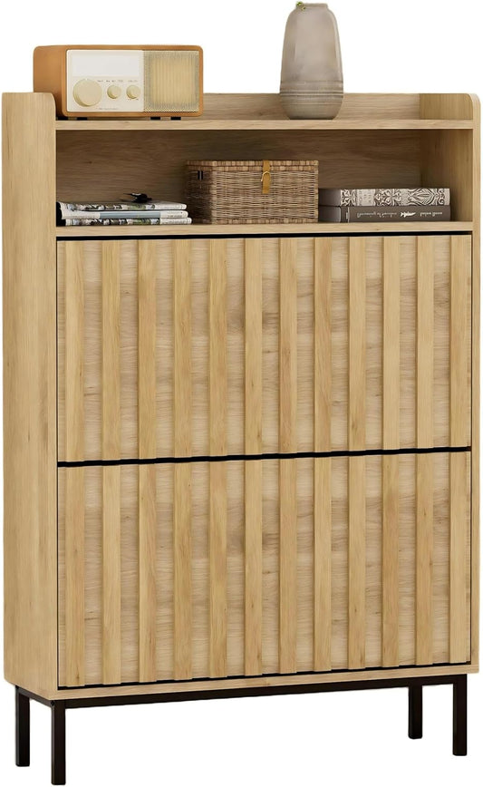 Schoenenkastje – Schoenenkast – Schoenenrek – Schoenendoos – Schoenopberger – 2 Flappen Met Verticale Latten – Duurzaam Hout Natuurlijk Design