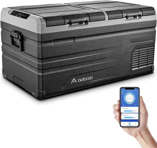 AAOBOSI Compressor-koelbox, 90 liter, autokoelbox met twee zones en app wifi, 12/24 V DC en 100-240 V AC, voor auto, vrachtwagen, boot, camper, camping