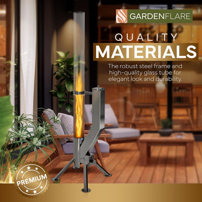 GARDENFLARE Premium vuurkorf - grote roestvrijstalen pelletzaklamp met vlam tot 1,5 m en reinigingsborstel inbegrepen, vuurkolom voor tuin en terras, je duurzame buitensfeervuur (zilver)