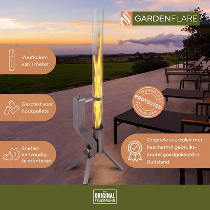Fire tube, stainless steel fire column and pellet torch for a great atmospheric fire, elegant patio heater and garden fireplace, alternative to your patio and garden, silver - QUORE