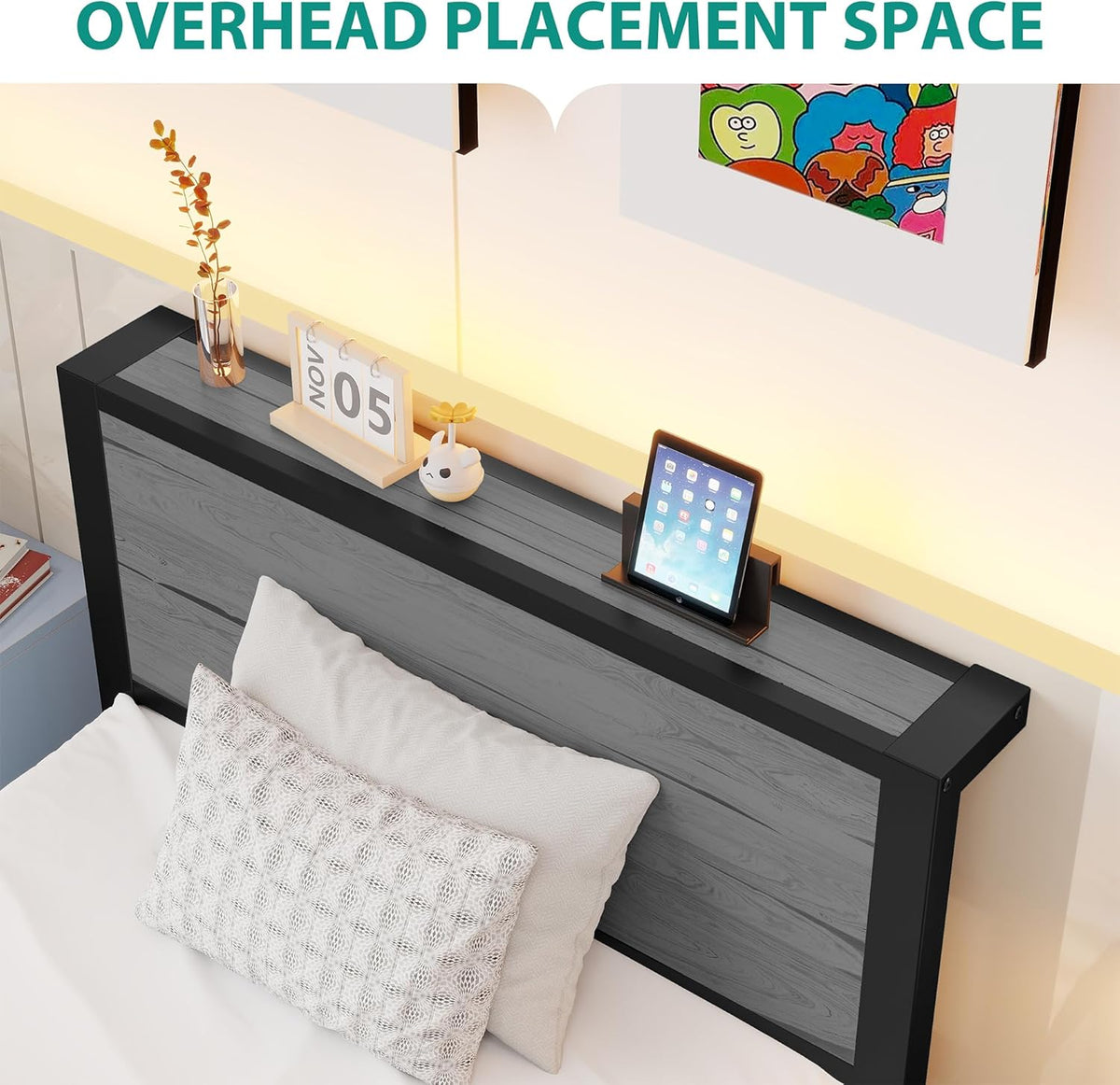 DUMEE Eenpersoonsbedframe met opslag houten hoofdeinde, 3FT metalen bedframe eenpersoonsbedbasis/matrasstichting, verbeterde ondersteuning geluidsvrij, getextureerd zwart+grijs eiken