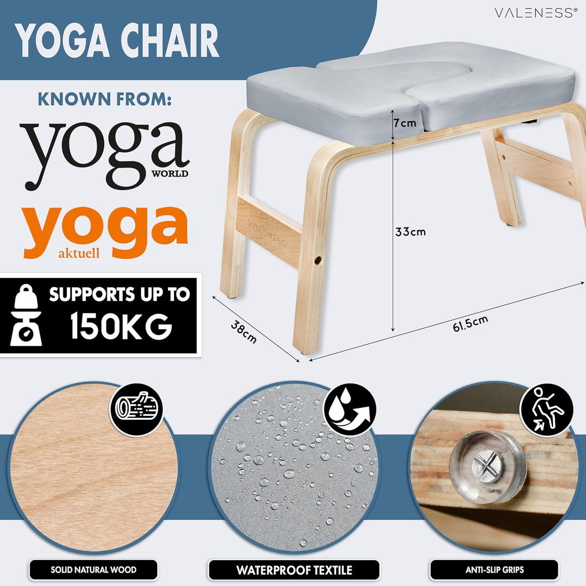 Yoga Hoogwaardig Headstand Bench Met Strijp, Blok & Oefenposters - Natuurhouten Yoga Stoel Voor Handstand Oefening - Textiel Grijs