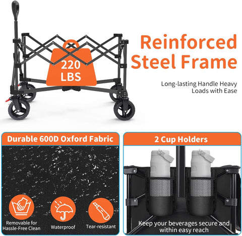 BELEEV Inklapbare Handwagen, Zware Klasse All-Terrain Handwagen met 6in Grote All-Terreinwielen, 130L Grote Capaciteit, Zijzakken & Drankhouders voor Strand Tuin Camping Sport Winkelen -Black