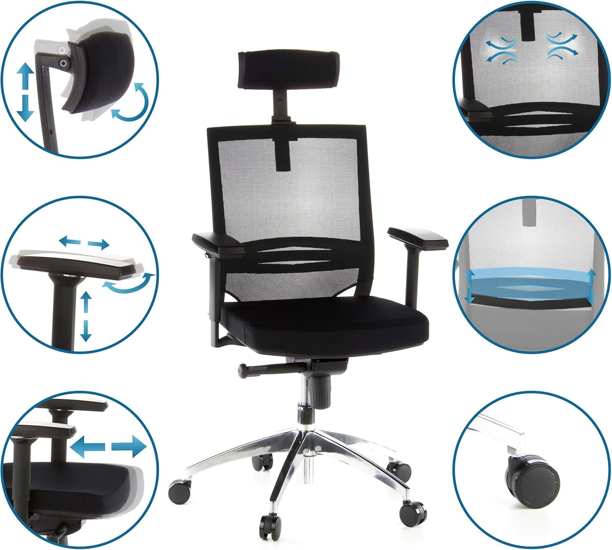 hjh OFFICE Porto Max 657240 Professionele bureaustoel, stof/net, zwart, ergonomisch, hoofd- en lendensteun verstelbaar