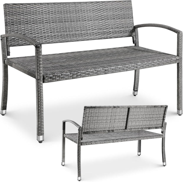 Tuinbank - Buitenbank - Terrasbank - Balkonbank - 2-zitsbank - met Staal Frame - Armsteunen - Tuinmeubelen - voor Tuin - Terras - Balkon - Polyrotan - 122 x 60 x 85 cm - Grijs