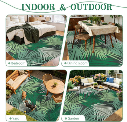 Cekene Vloerkleed voor binnen en buiten, weerbestendig, voor woonkamer, balkon, keuken, terras, plat tapijt, sisal-look, met groene bladeren, 200 x 300 cm