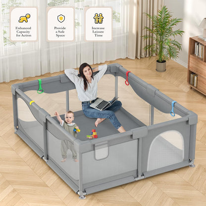 Baby Playpen 200 x 180 cm Large Improved 2025 Edition Playpen for Babies and Children with Non-Slip Bottom, Activity Centre for Children, Without Mats and Balls, Grey - QUORE