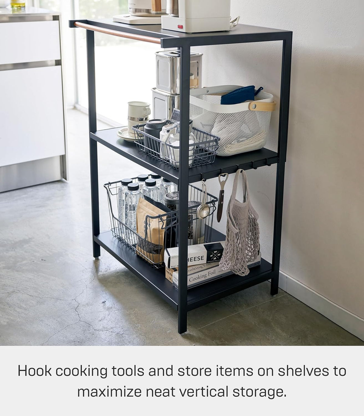 Yamazaki 3598 TOWER 3~Tiered Storage Rack, black, Steel/Wood, 60 x 46.5 x 90 cm