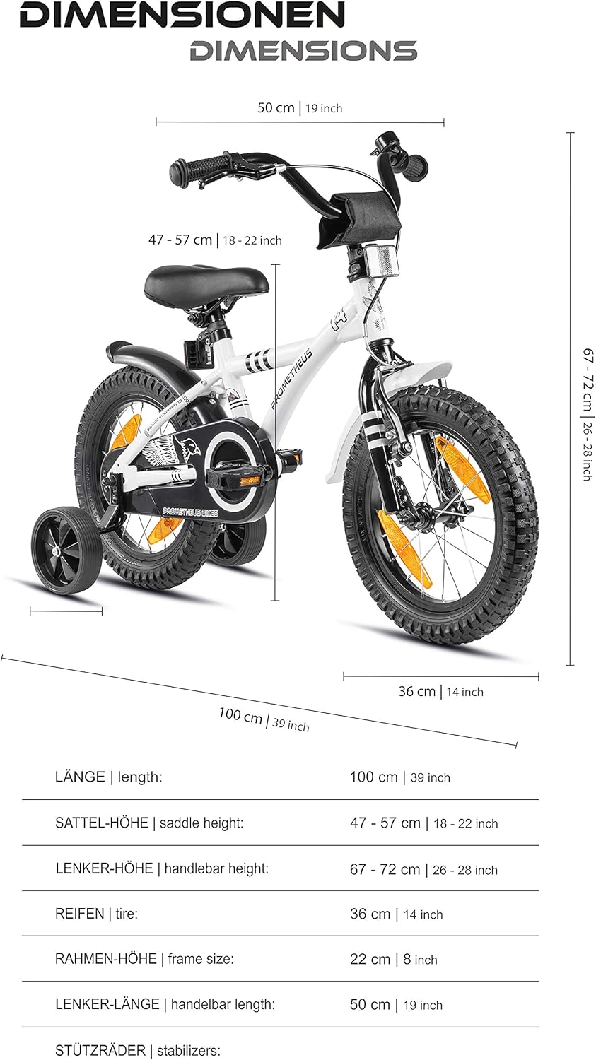 PROMETHEUS BICYCLES kinderfiets 14 inch fiets jongens meisjes van 4 jaar oude met zijwieltjes terugtraprem in wit BMX