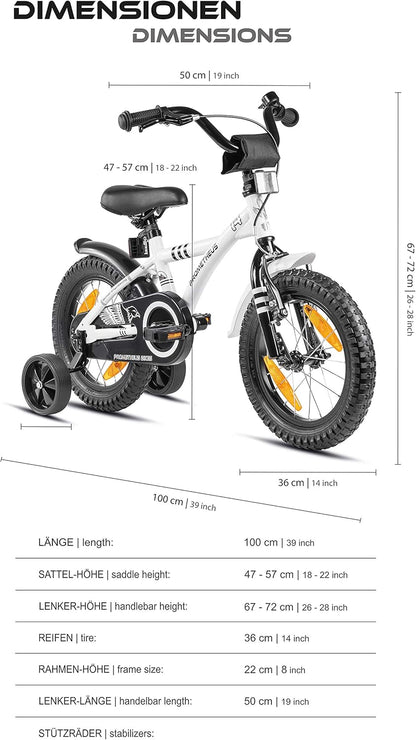PROMETHEUS BICYCLES kinderfiets 14 inch fiets jongens meisjes van 4 jaar oude met zijwieltjes terugtraprem in wit BMX