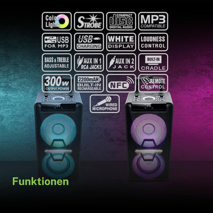 Muse DJ PA-installatie met accu, 300 watt, met cd, bluetooth en lichteffecten (USB, AUX, microfoon, afstandsbediening), zwart