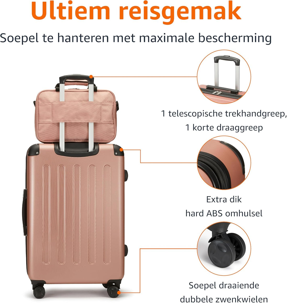 Amazon Basics Bagageset en Harde Buitenkant, 4-delig, Grote Koffer, Handbagagekoffer, Draagtas, Compacte Reistas, Uitbreidbaar, 4 Spinnerwielen, Roségoud