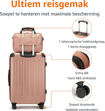 Amazon Basics Bagageset en Harde Buitenkant, 4-delig, Grote Koffer, Handbagagekoffer, Draagtas, Compacte Reistas, Uitbreidbaar, 4 Spinnerwielen, Roségoud