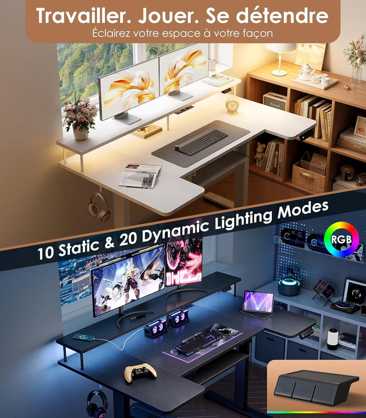 OffiGo Desk, Sitting, Standing, U-Shape, 140 cm, Electric Desk with Monitor Stand, Sockets and USB Port, Standing Desk with LED, Height Adjustable Gaming Table, White - QUORE
