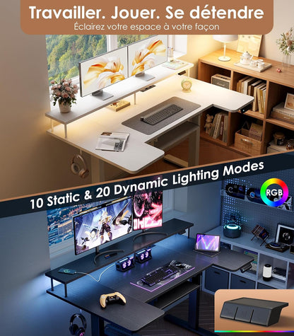 OffiGo U-Shaped Height Adjustable Desk, 140 cm, Electric Standing Table with Monitor Stand, Sockets and USB Charging Port, Standing Desk with LED, Gaming and Office, Computer Table, Black - QUORE