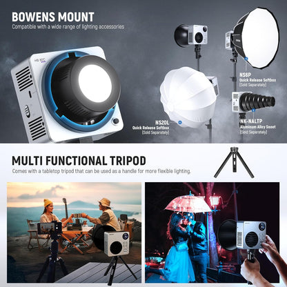 NEEWER 80W RGBWW LED videolamp met reflector en 72Wh accu, APP/2.4G besturing 18 effecten 10400lux/m 2500K-7500K 100W PD snel opladen Mini RGB COB continu licht Bowens houder HB80C