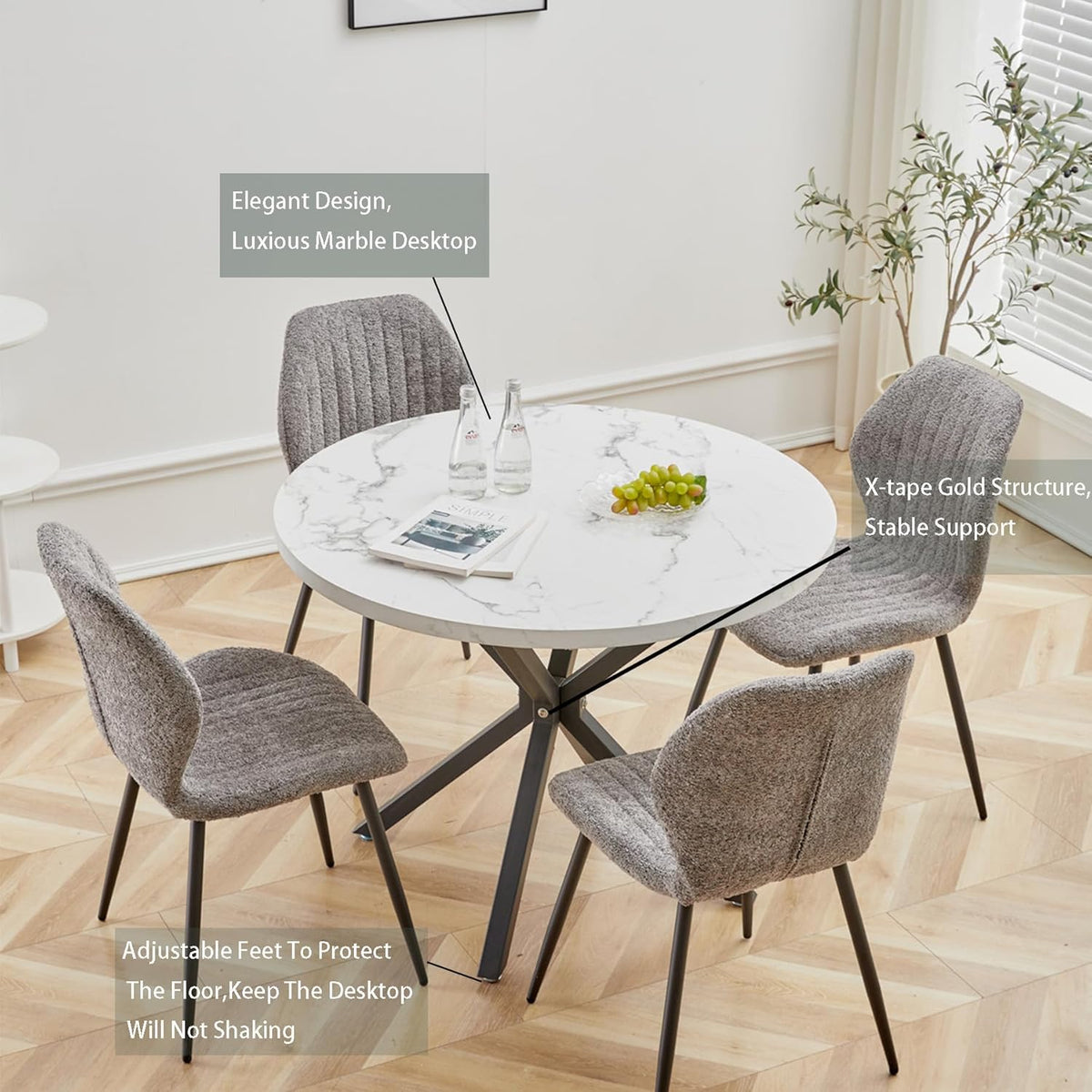 Round dining table in marble look, modern kitchen table with metal legs for dining room, kitchen, living room, etc. (white/black) - QUORE