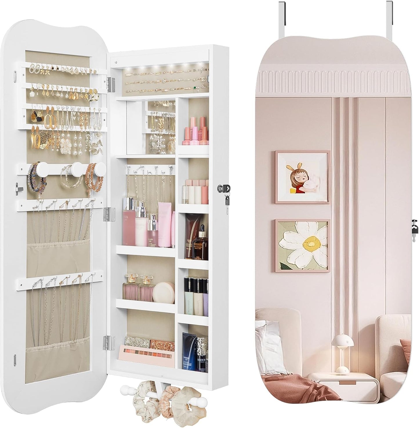 Hzuaneri Jewellery cabinet, mirror cabinet, wall cabinet with LED lighting, wall cabinet with mirror, lockable, with interior mirror, white surface, inner lining by Greige