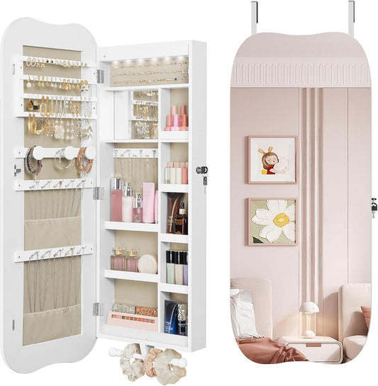 Hzuaneri Jewellery cabinet, mirror cabinet, wall cabinet with LED lighting, wall cabinet with mirror, lockable, with interior mirror, white surface, inner lining by Greige