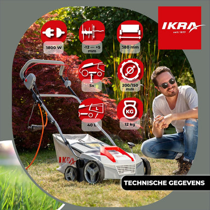 IKRA Elektrische Verticuteermachine Gazonbeluchter IEVL 1838, opvangmand 40l, werkbreedte 38cm, werkdiepte instelbaar - QUORE
