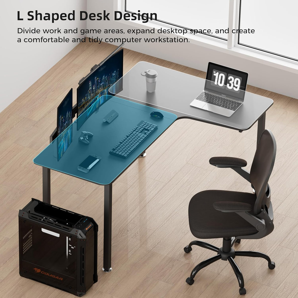 Eureka Ergonomisch gaming-bureau. 155 cm Hoekbureau groot L-vormig gaming computerbureau met kabel management systeem en muismat voor thuiskantoor. Zwart, rechts