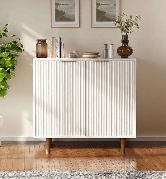 Wooden Dresser Freestanding Multifunctional with Adjustable Shelves, Modern White Cabinet for Living Room, Kitchen, Entrance - QUORE