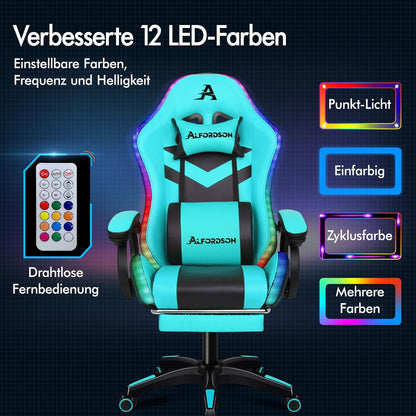 ALFORDSON Gaming Chair, Office Chair, Swivel Large Massage Chair with 8 Points, RGB LED Light, 12 Colours, Ergonomic with Footrest, Headrest and Lumbar Cushion, Cyan - QUORE