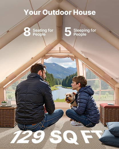 VEVOR Opblaasbare tent voor camping, opblaasbare tent voor 5-8 personen met handpomp, glampingtent 300D Oxford, 4 seizoenen, met ovenbus, 2 deuren en 4 netramen, opbergtas