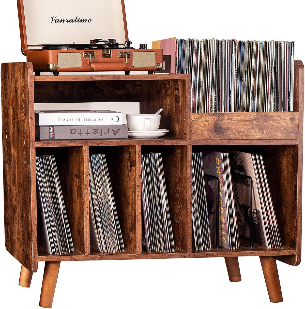 Mid-century Record Player Stand with Vinyl Storage for Up to 350+ Albums, Vinyl Record Cabinet with Adjustable Shelves, Brown