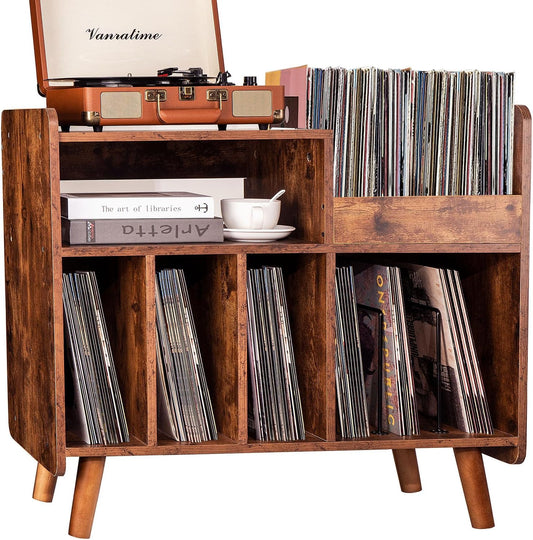 Mid-century Record Player Stand with Vinyl Storage for Up to 350+ Albums, Vinyl Record Cabinet with Adjustable Shelves, Brown