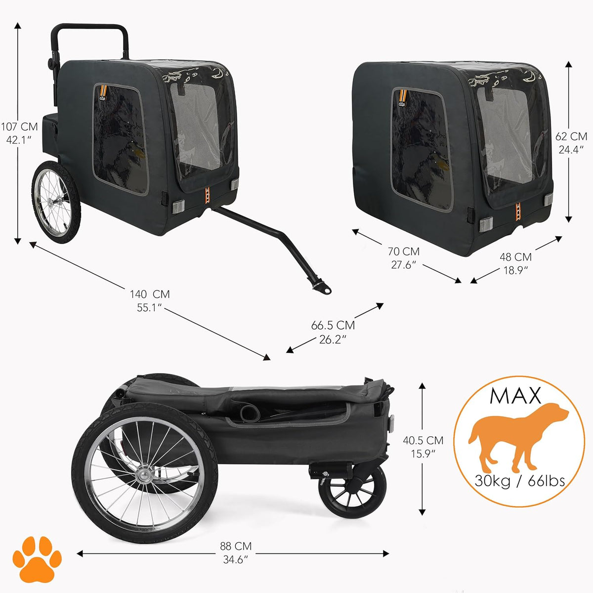 CHASE - 3-in-1 hond huisdier fiets, fietskar, huisdier- & boodschappenkar wandelwagen, jogger, handige trolley, gemakkelijk inklapbaar, inclusief regenhoes, zwart