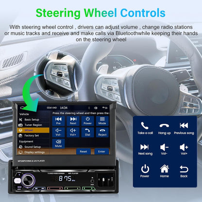 NHOPEEW Din autoradio met schermondersteuning Draadloos Carplay en Android Auto - 7 inch HD uitklapbaar touchscreen autoradio met GPS Mirror Link SWC FM/AM/RDS AUX USB U Disk + microfoon