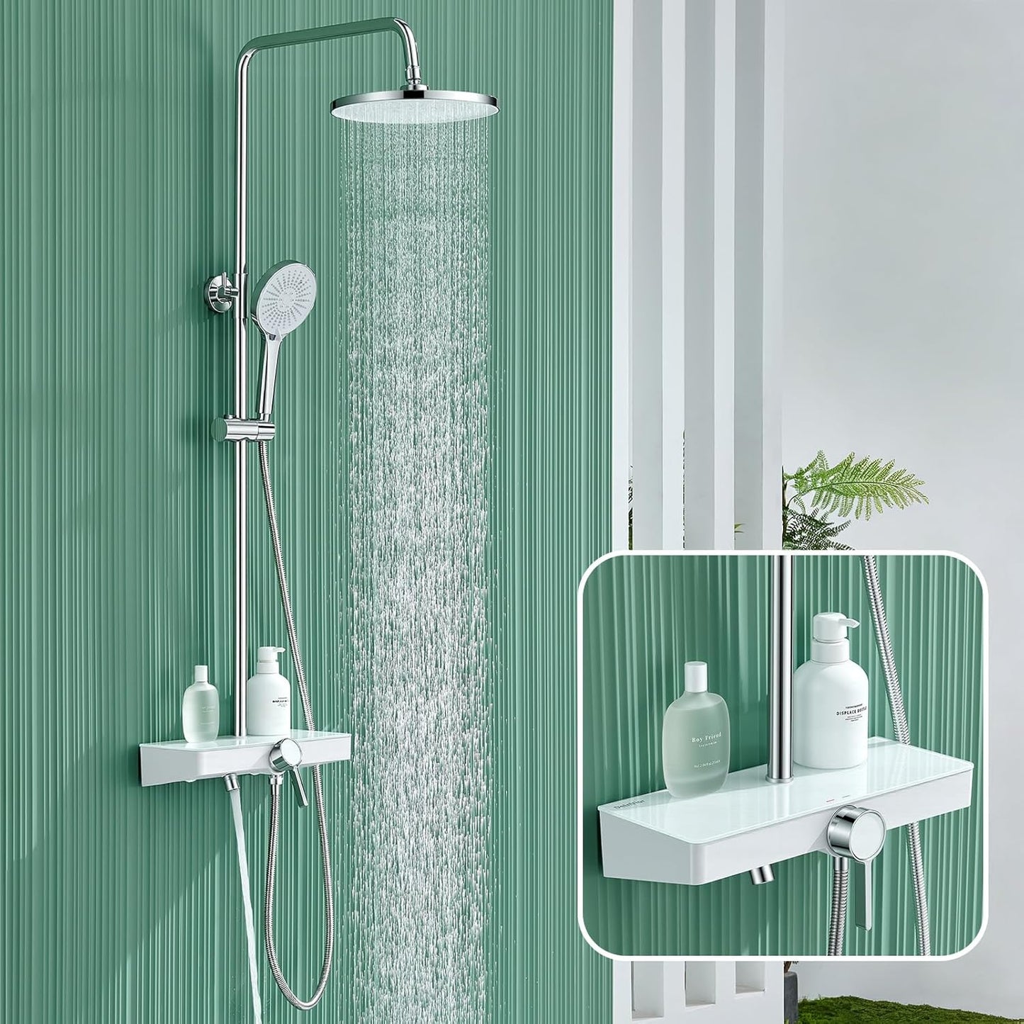 Douche Systeem – Doucheset – Regendouche – Handdouche – Douchekop – Glazen Plank – Eén Knop Bediening – Drie Instelbare Straalsoorten